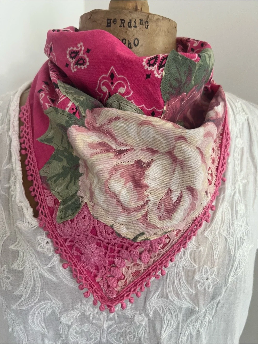 Pink Floral Lace Bandana Scarf - Women's Pink Neck Wrap
